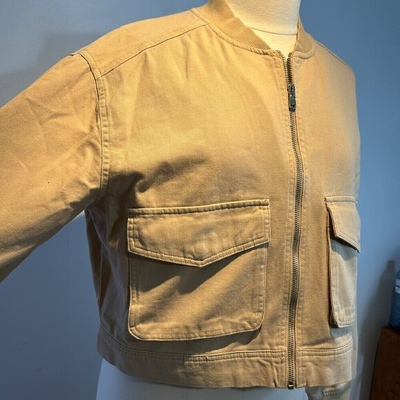Nicole Miller New York tan/camel 100% cotton cropped denim zip jacket size L NWT - Picture 5 of 11